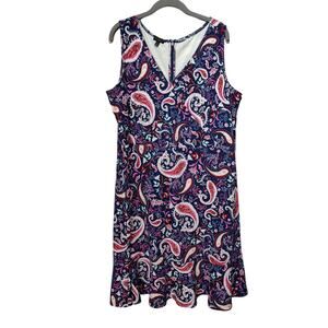 Talbots Plus Sz 1X Navy Paisley Sleeveless Dress V Neck Ruffle Hem